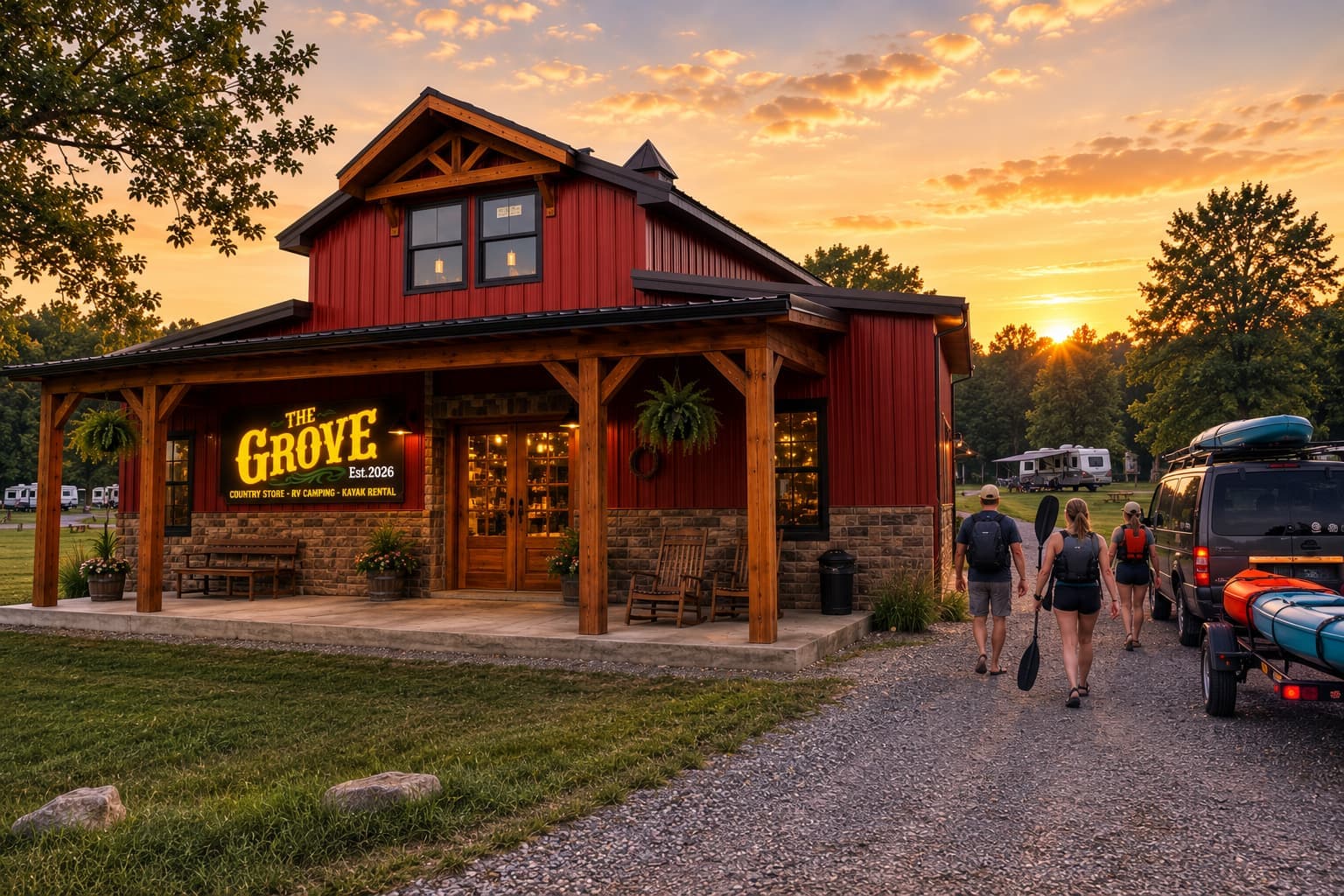 The Grove country store building at sunset in Hohenwald, Tennessee