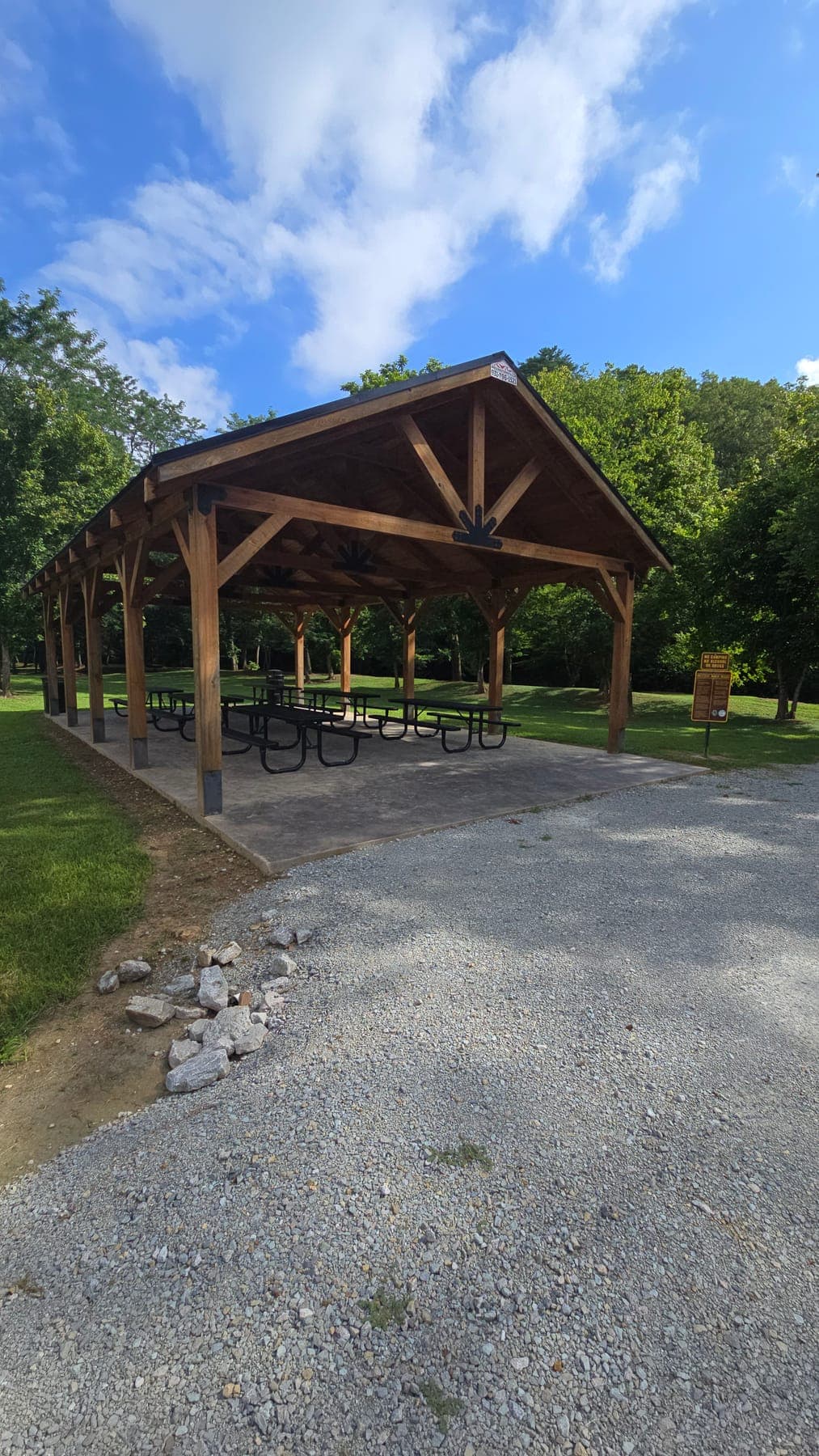 Timber-frame picnic pavilion at the Blueway access area