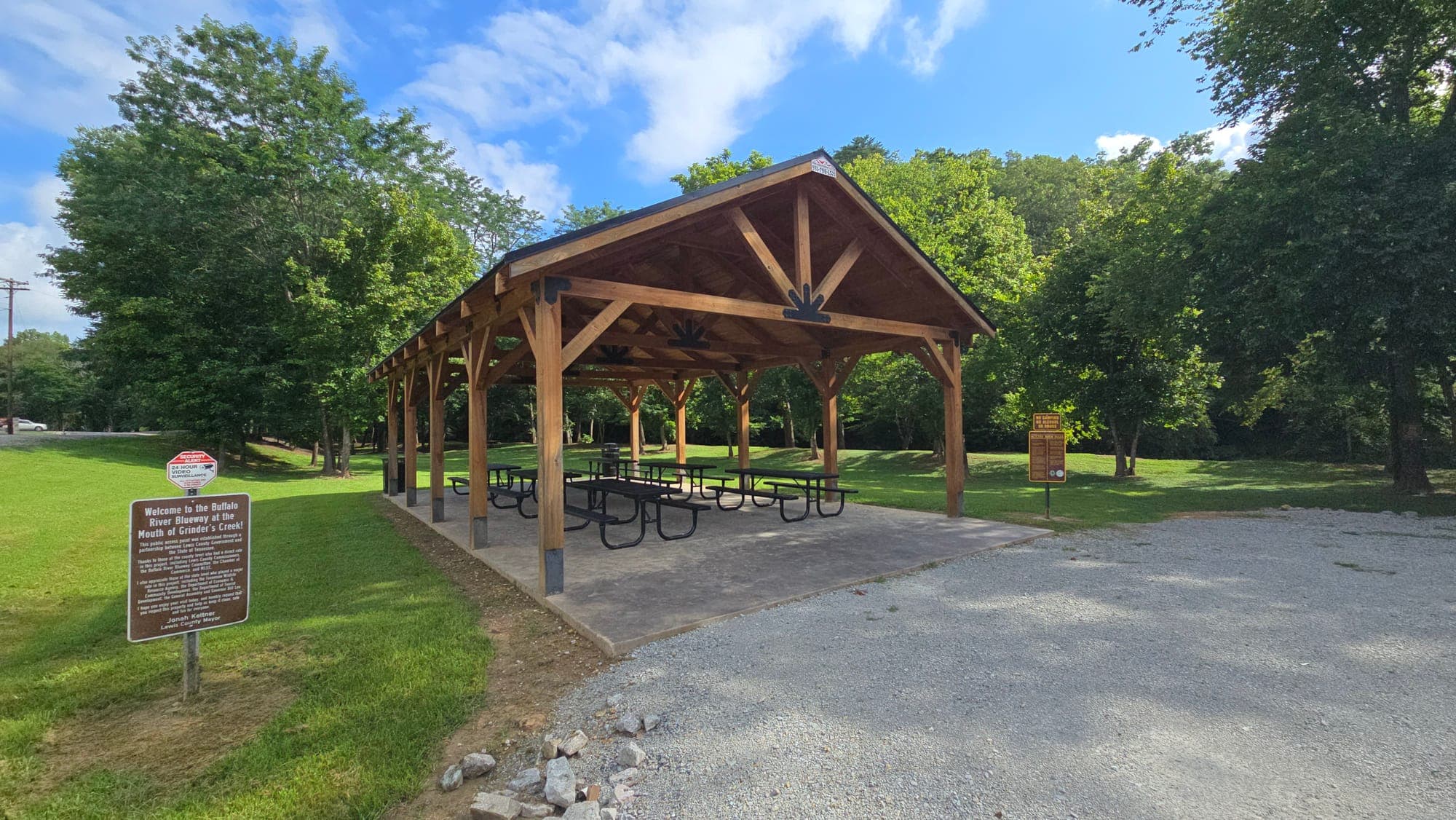 Timber-frame picnic pavilion at the Blueway access area