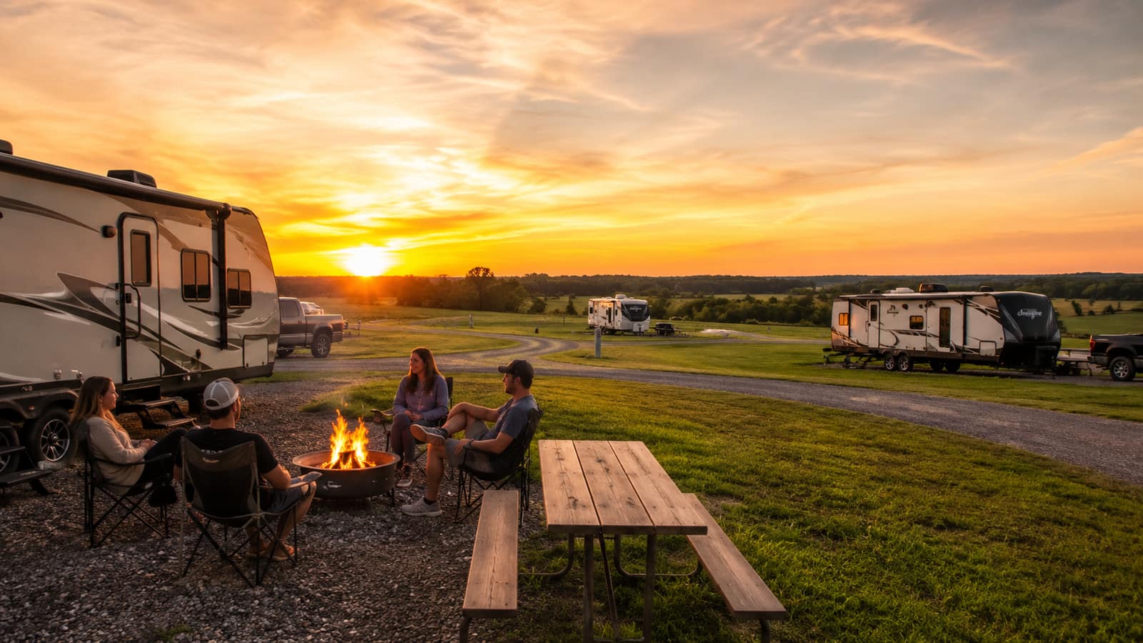 Campfire at The Grove RV campground at sunset